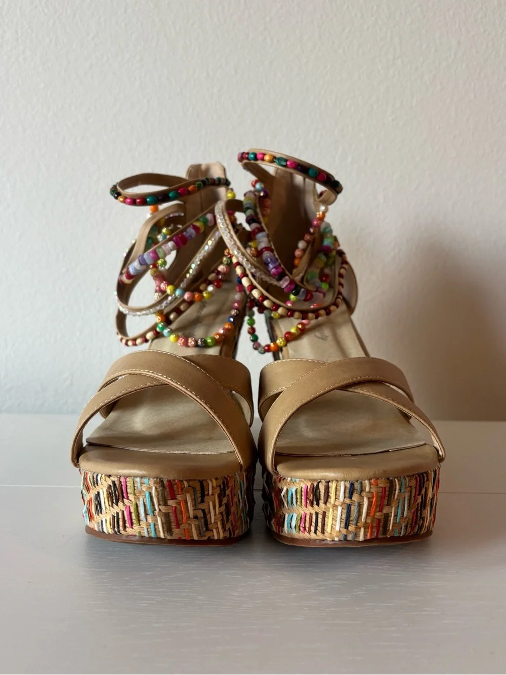 Getmorebeauty Tan Multicolor Beaded Boho Platform Wedge Sandals EU 39